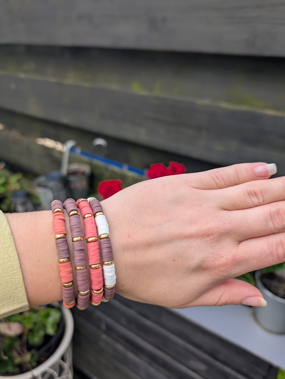 Koraal &amp; Aardetinten Heishi Armbanden set